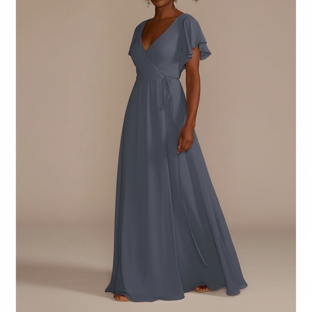 Celebrate DB Studio Flutter Sleeve Georgette Wrap Slate Blue MOB‎ Maxi Dress 10